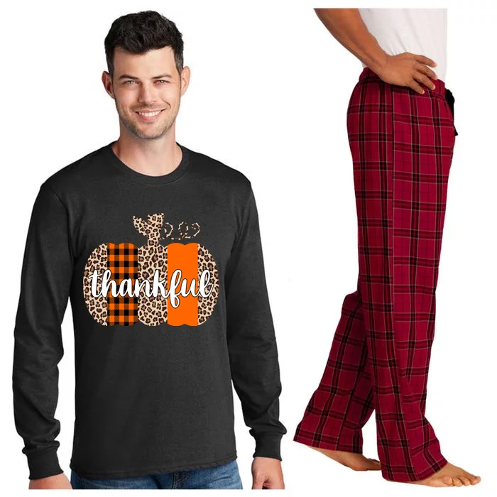 Thankful Cheetah Plaid Pumpkin Cute Holiday Long Sleeve Pajama Set