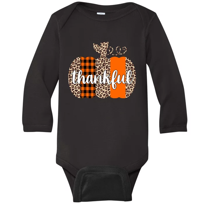 Thankful Cheetah Plaid Pumpkin Cute Holiday Baby Long Sleeve Bodysuit