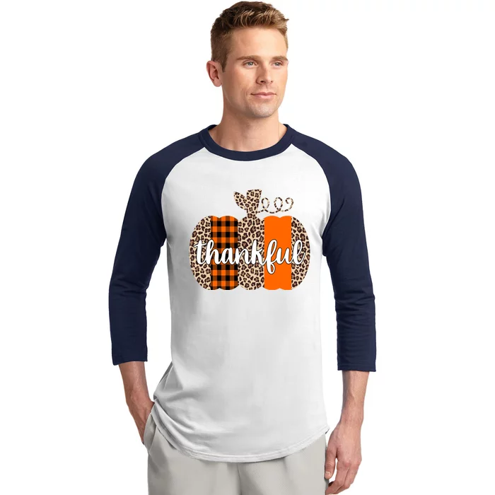 Thankful Cheetah Plaid Pumpkin Cute Holiday Baseball Sleeve Shirt