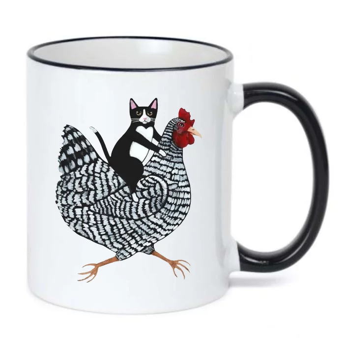 Tuxedo Cat Riding A Chicken Funny Black Color Changing Mug