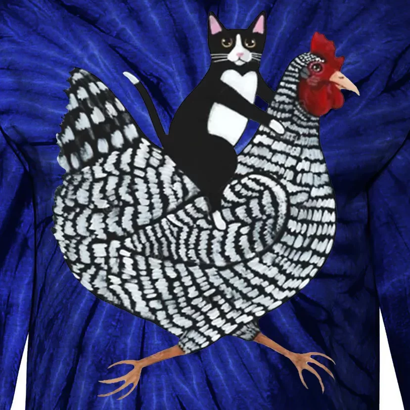 Tuxedo Cat Riding A Chicken Funny Tie-Dye Long Sleeve Shirt