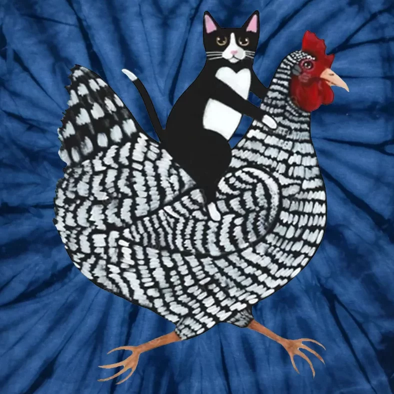 Tuxedo Cat Riding A Chicken Funny Tie-Dye T-Shirt