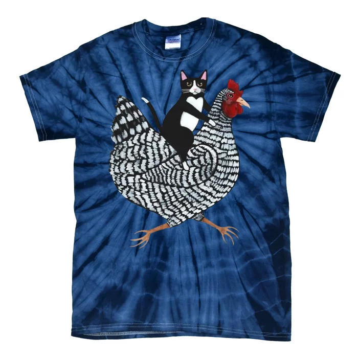 Tuxedo Cat Riding A Chicken Funny Tie-Dye T-Shirt