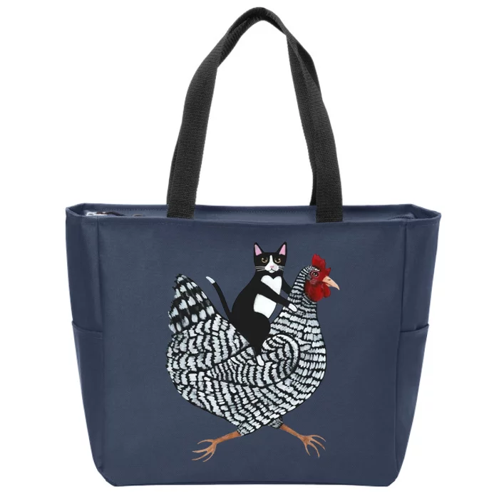 Tuxedo Cat Riding A Chicken Funny Zip Tote Bag