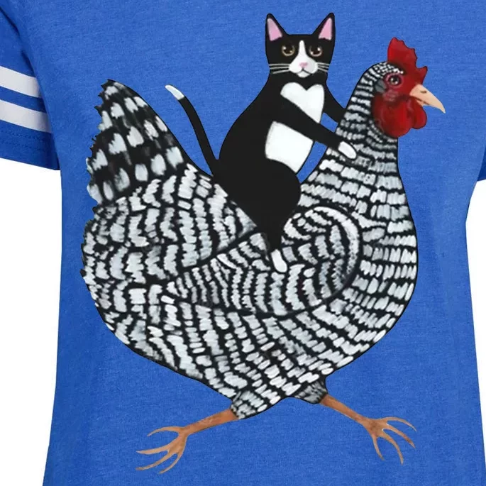 Tuxedo Cat Riding A Chicken Funny Enza Ladies Jersey Football T-Shirt