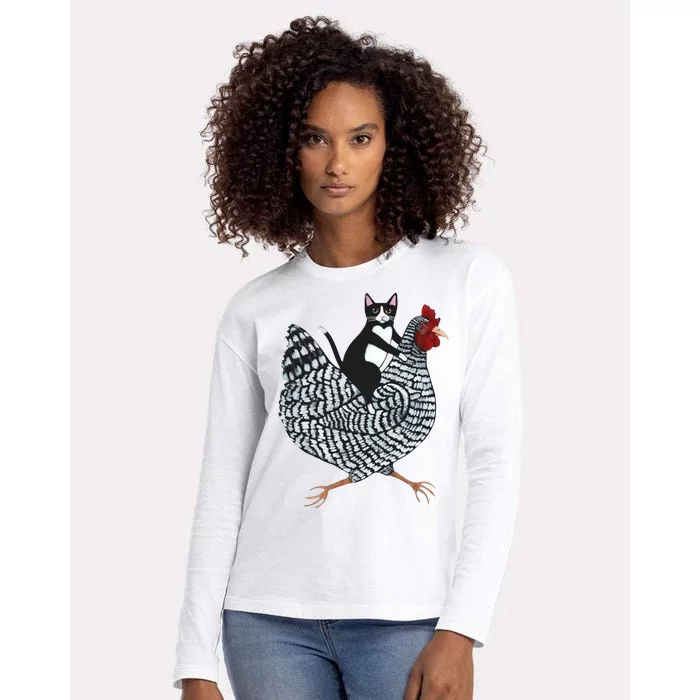 Tuxedo Cat Riding A Chicken Funny Womens Cotton Relaxed Long Sleeve T-Shirt