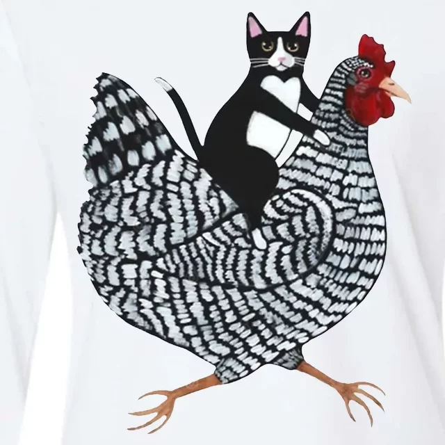 Tuxedo Cat Riding A Chicken Funny Womens Cotton Relaxed Long Sleeve T-Shirt