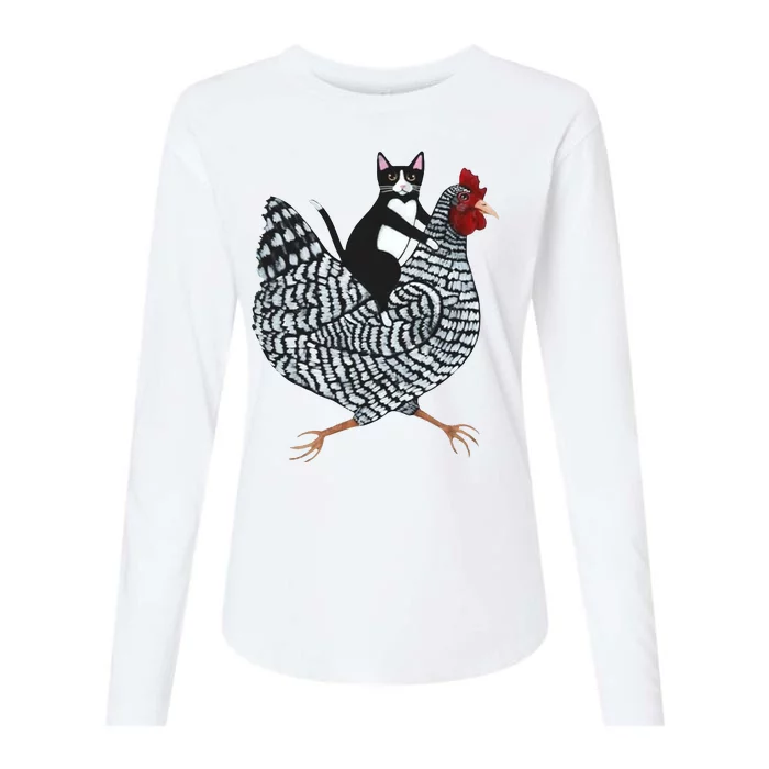 Tuxedo Cat Riding A Chicken Funny Womens Cotton Relaxed Long Sleeve T-Shirt