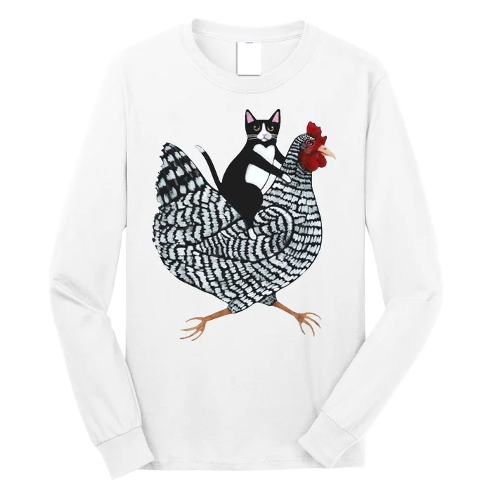 Tuxedo Cat Riding A Chicken Funny Long Sleeve Shirt