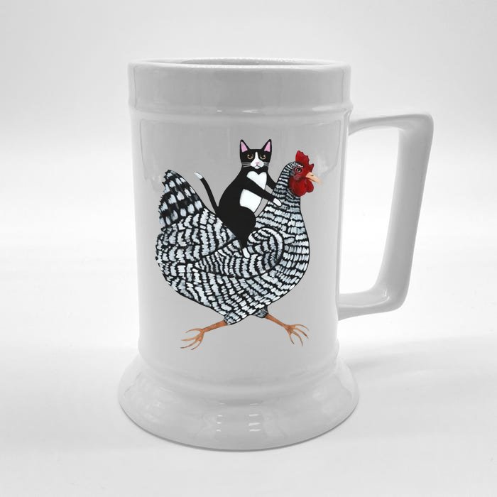 Tuxedo Cat Riding A Chicken Funny Front & Back Beer Stein