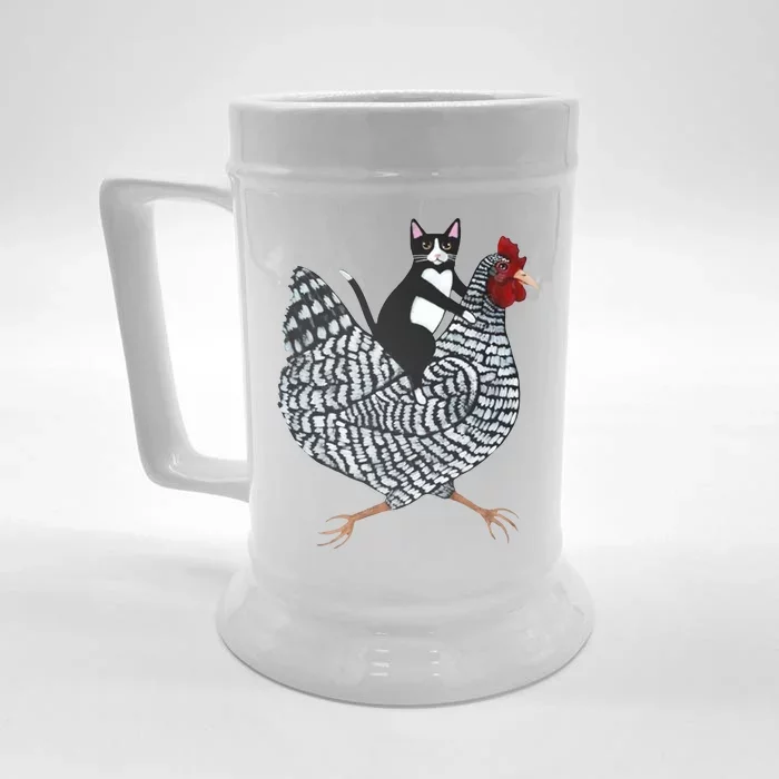 Tuxedo Cat Riding A Chicken Funny Front & Back Beer Stein