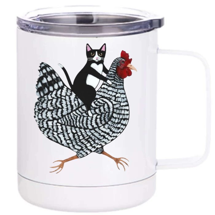 Tuxedo Cat Riding A Chicken Funny Front & Back 12oz Stainless Steel Tumbler Cup