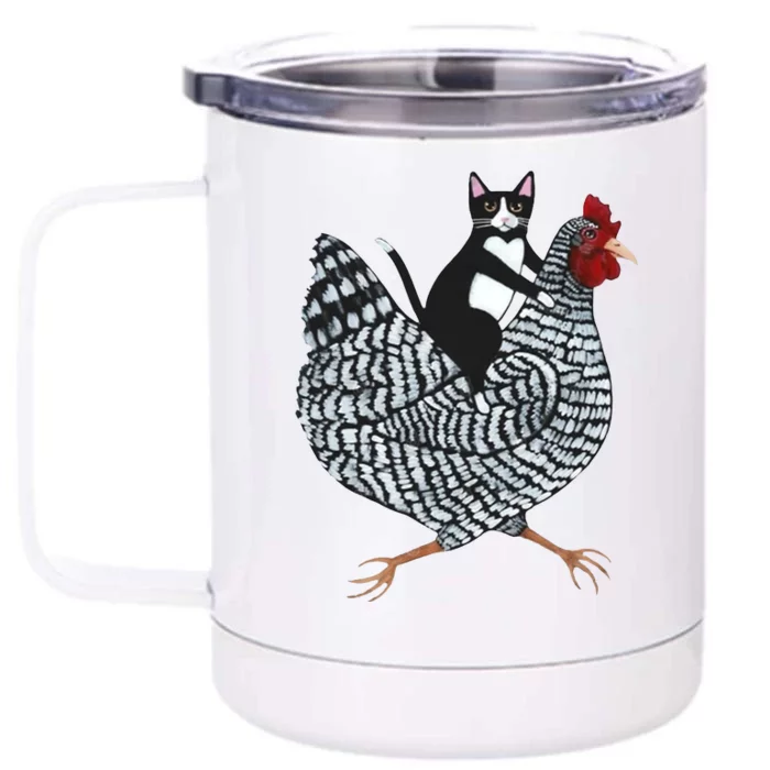 Tuxedo Cat Riding A Chicken Funny Front & Back 12oz Stainless Steel Tumbler Cup