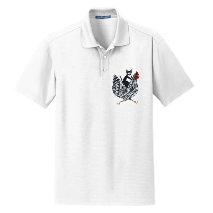 Tuxedo Cat Riding A Chicken Funny Dry Zone Grid Performance Polo