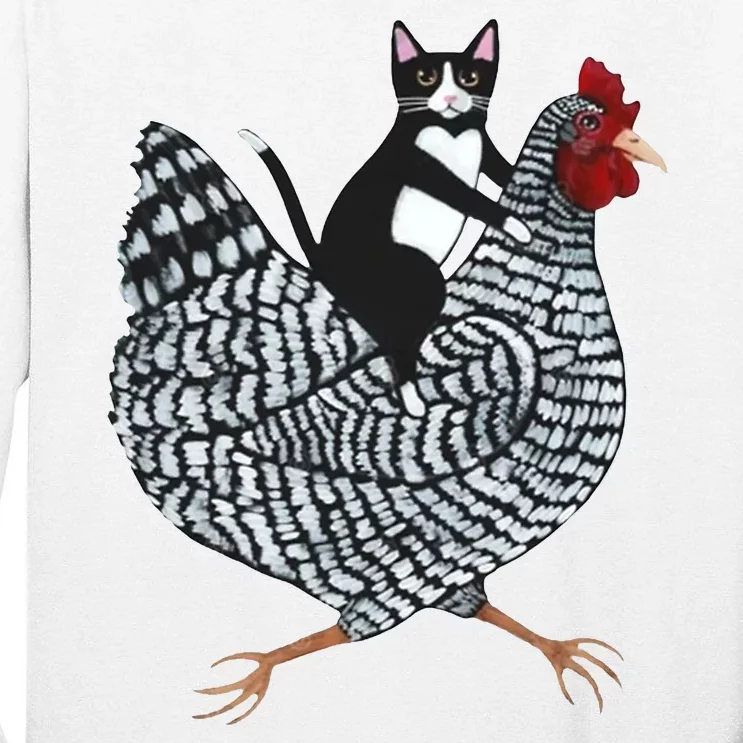 Tuxedo Cat Riding A Chicken Funny Tall Long Sleeve T-Shirt