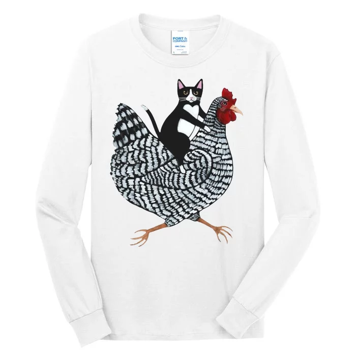 Tuxedo Cat Riding A Chicken Funny Tall Long Sleeve T-Shirt