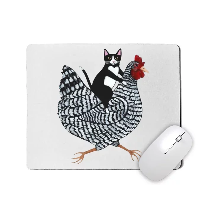 Tuxedo Cat Riding A Chicken Funny Mousepad