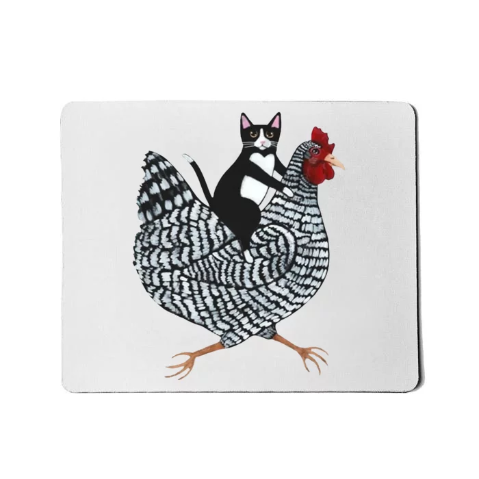 Tuxedo Cat Riding A Chicken Funny Mousepad