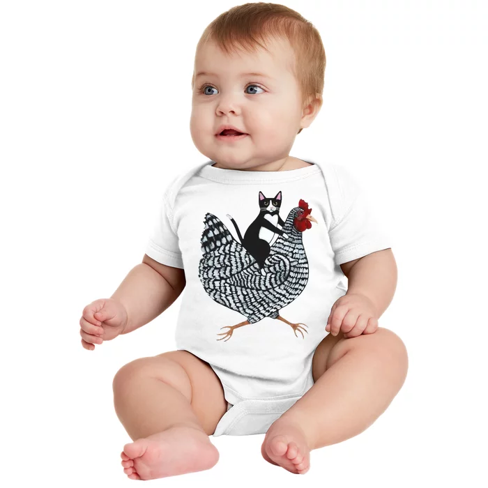 Tuxedo Cat Riding A Chicken Funny Baby Bodysuit