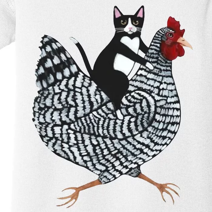 Tuxedo Cat Riding A Chicken Funny Baby Bodysuit