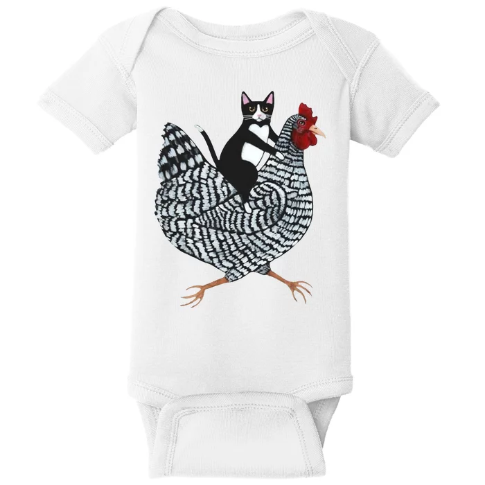 Tuxedo Cat Riding A Chicken Funny Baby Bodysuit