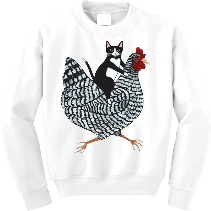 Tuxedo Cat Riding A Chicken Funny Kids Sweatshirt