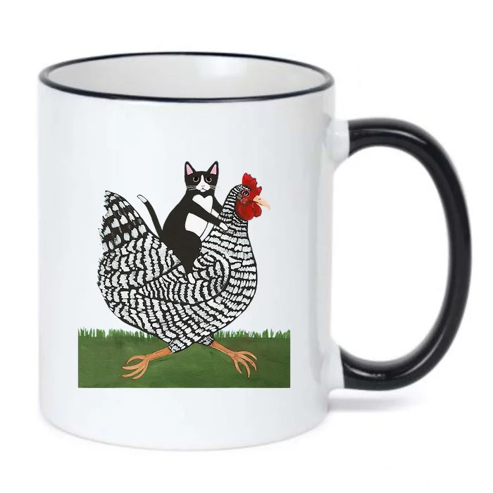 Tuxedo Cat Riding A Chicken Gift Black Color Changing Mug