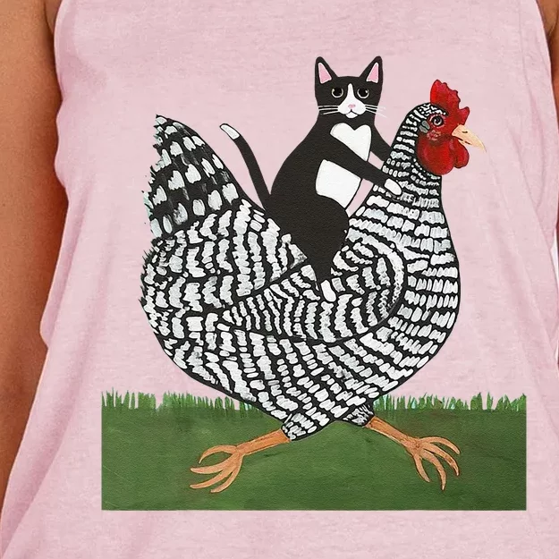 Tuxedo Cat Riding A Chicken Gift Women's Knotted Racerback Tank