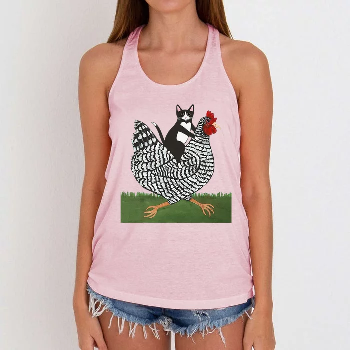 Tuxedo Cat Riding A Chicken Gift Women's Knotted Racerback Tank