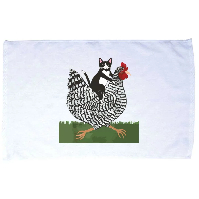 Tuxedo Cat Riding A Chicken Microfiber Hand Towel