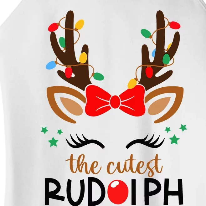 The Cutest Rudolph Reindeer Christmas Pajama Xmas Lights Women’s Perfect Tri Rocker Tank