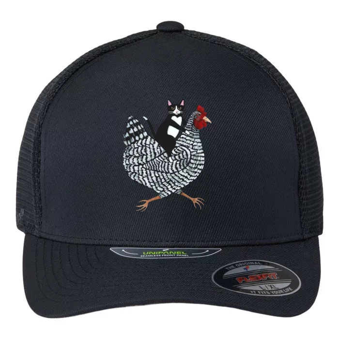 Tuxedo Cat Riding Chicken Funny Flexfit Unipanel Trucker Cap