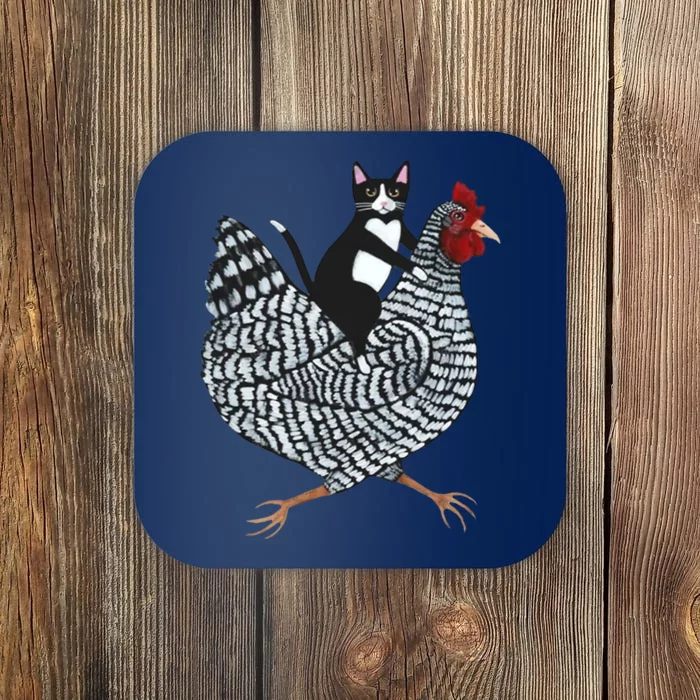 Tuxedo Cat Riding Chicken Funny Coaster