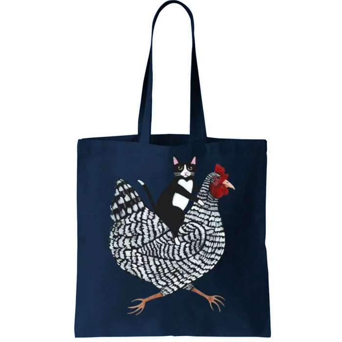 Tuxedo Cat Riding Chicken Funny Tote Bag