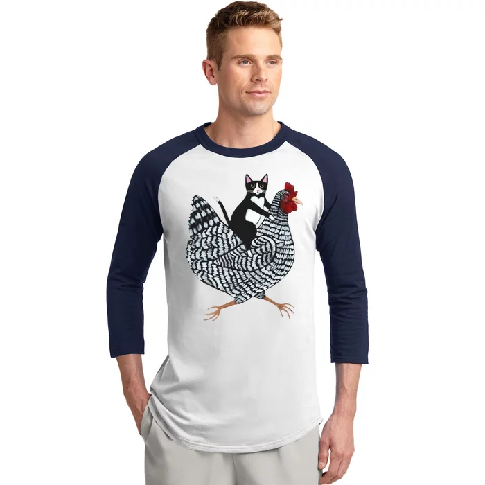 Tuxedo Cat Riding Chicken Funny Baseball Sleeve Shirt