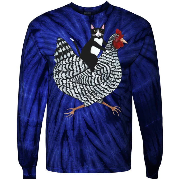 Tuxedo Cat Riding Chicken Funny Tie-Dye Long Sleeve Shirt