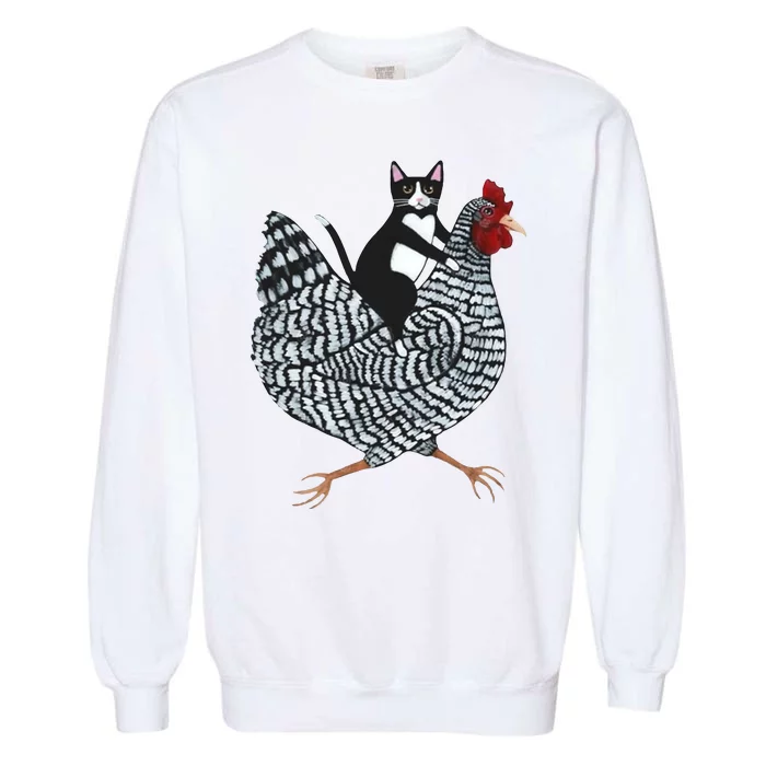 Tuxedo Cat Riding Chicken Funny Garment-Dyed Sweatshirt