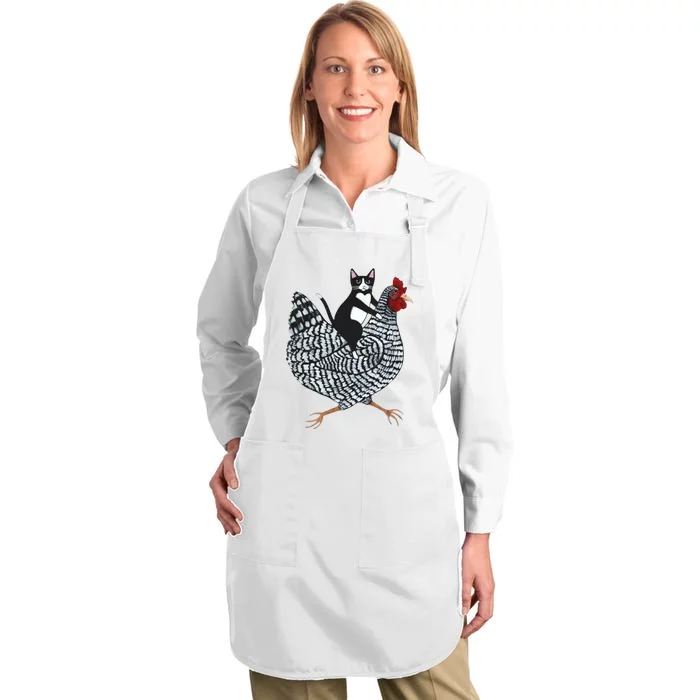 Tuxedo Cat Riding Chicken Funny Full-Length Apron With Pocket