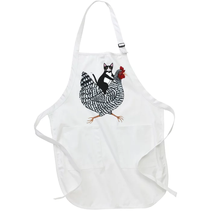 Tuxedo Cat Riding Chicken Funny Full-Length Apron With Pocket