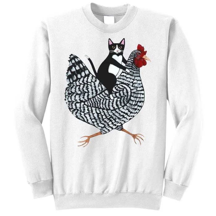 Tuxedo Cat Riding Chicken Funny Sweatshirt