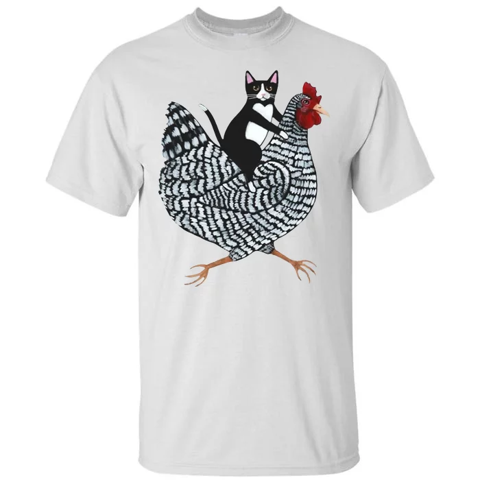 Tuxedo Cat Riding Chicken Funny Tall T-Shirt