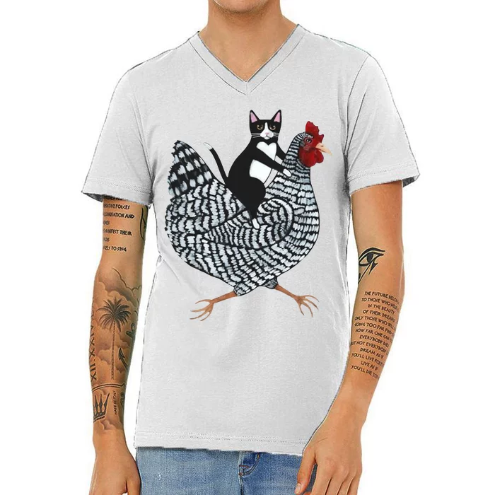 Tuxedo Cat Riding Chicken Funny V-Neck T-Shirt