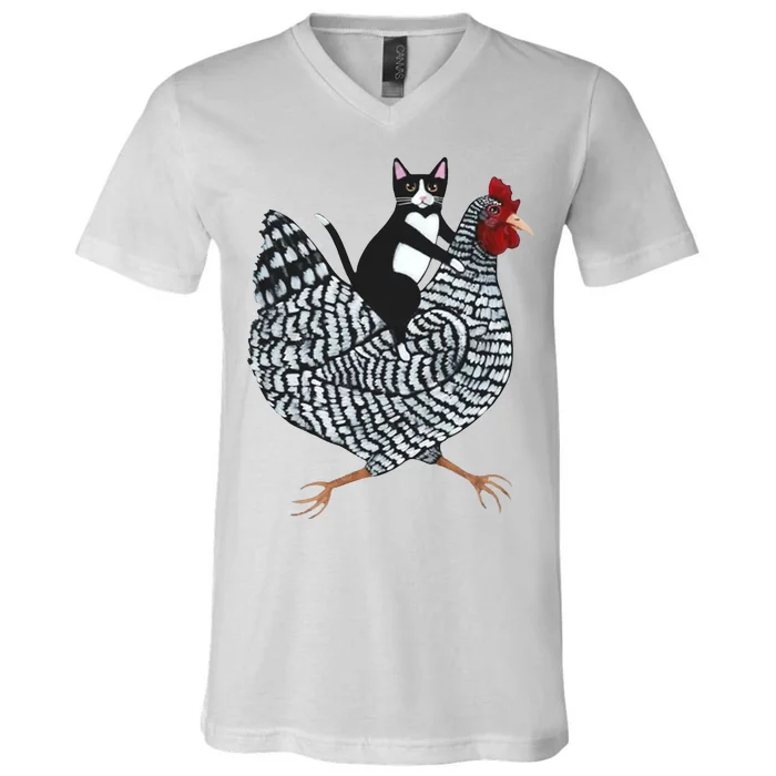 Tuxedo Cat Riding Chicken Funny V-Neck T-Shirt