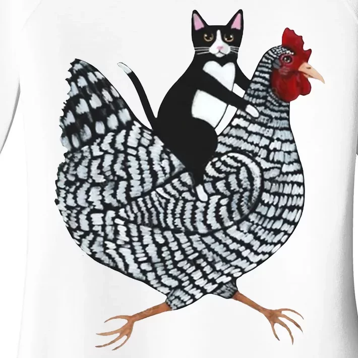 Tuxedo Cat Riding Chicken Funny Women's Perfect Tri Tunic Long Sleeve Shirt