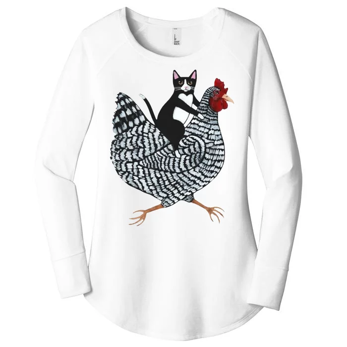 Tuxedo Cat Riding Chicken Funny Women's Perfect Tri Tunic Long Sleeve Shirt