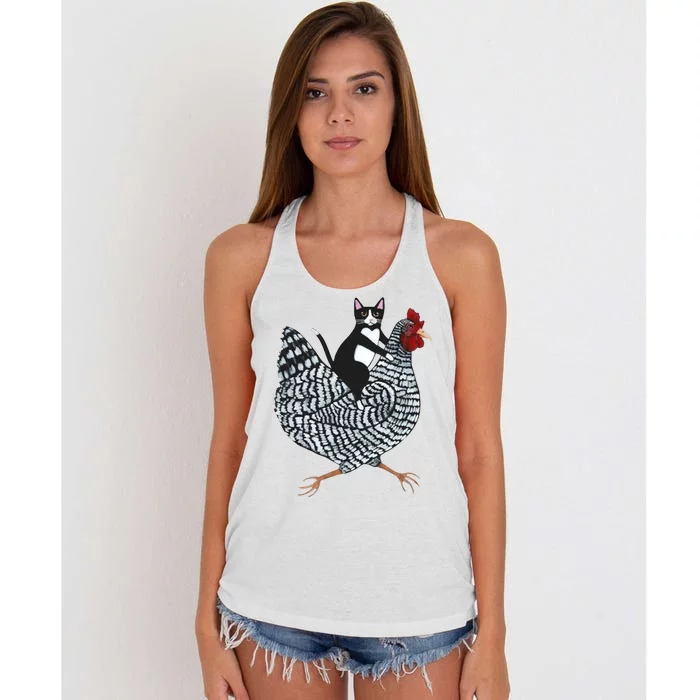 Tuxedo Cat Riding Chicken Funny Women's Knotted Racerback Tank