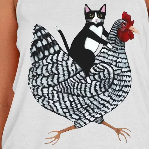 Tuxedo Cat Riding Chicken Funny Women's Knotted Racerback Tank