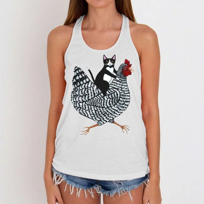 Tuxedo Cat Riding Chicken Funny Women's Knotted Racerback Tank