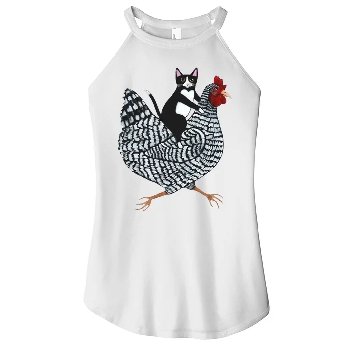 Tuxedo Cat Riding Chicken Funny Women’s Perfect Tri Rocker Tank