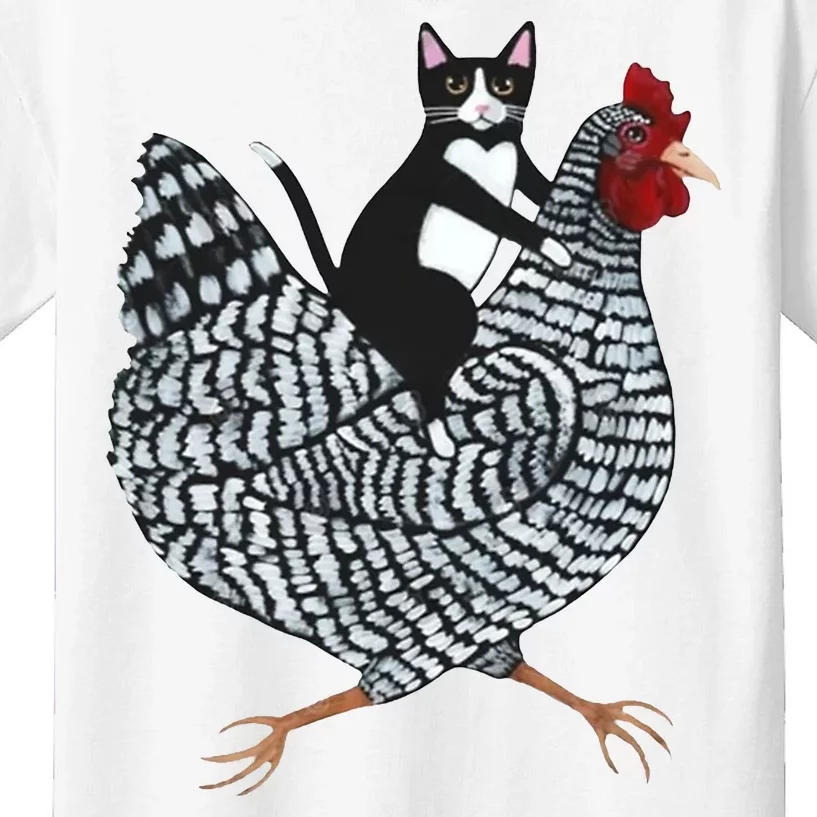 Tuxedo Cat Riding Chicken Funny Kids T-Shirt